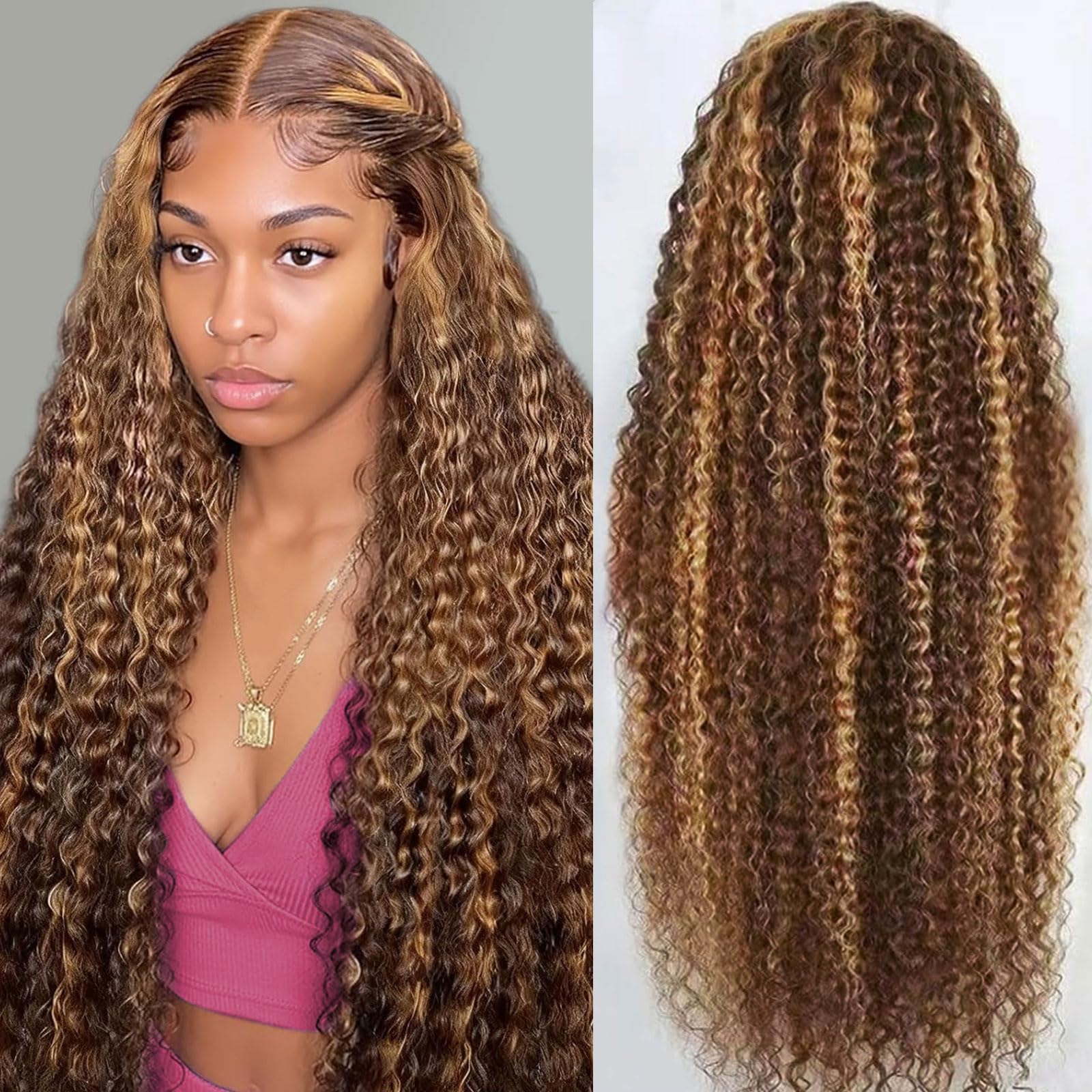 Draixil honey blonde 30-inch deep wave lace front wig with natural part and full volume