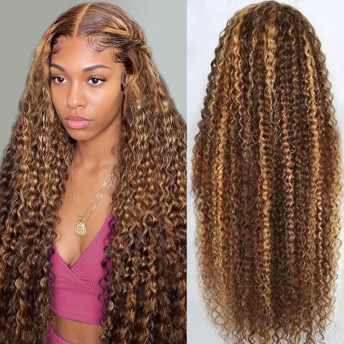 Draixil honey blonde 30-inch deep wave lace front wig with natural part and full volume