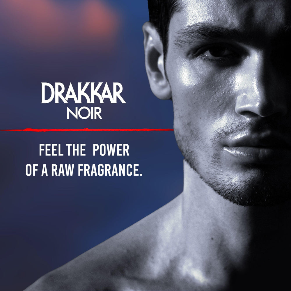 Drakkar Noir label detail hints at luxurious finishing and classic fragrance experience.