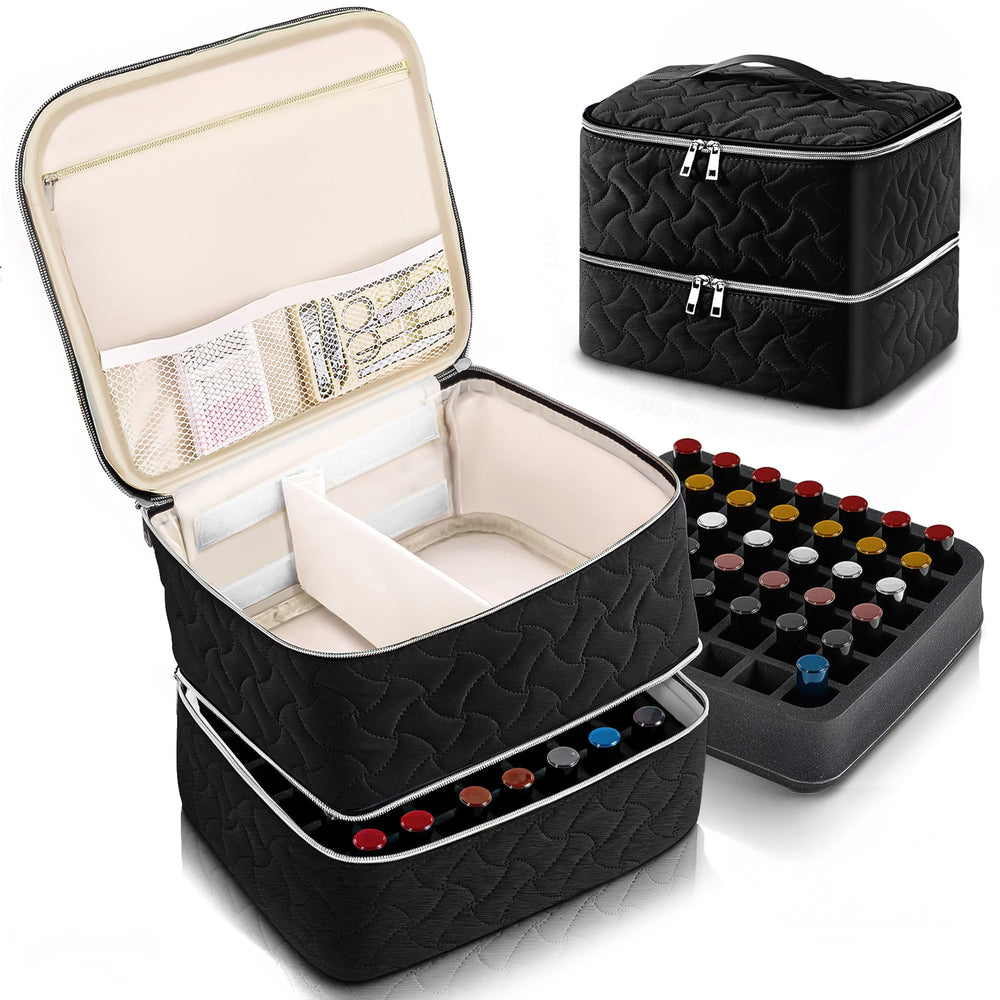 DreamGenius nail polish organizer case with 42-bottle capacity keeps bottles organized and upright.