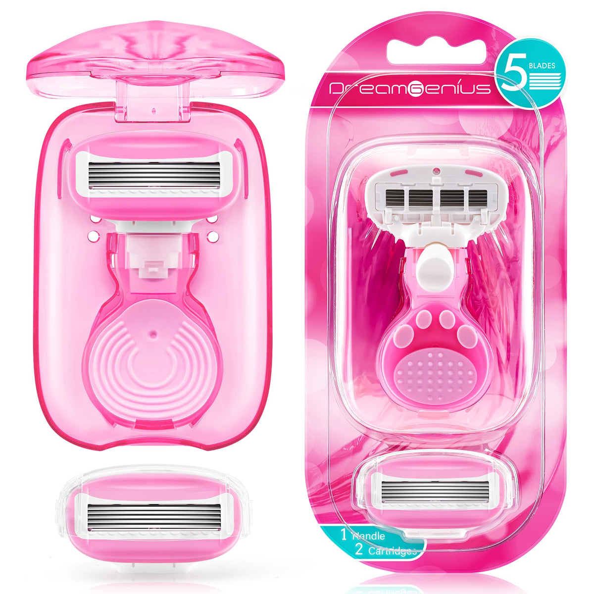 DreamGenius travel razor for women with a comfortable handle for precise control on the go.