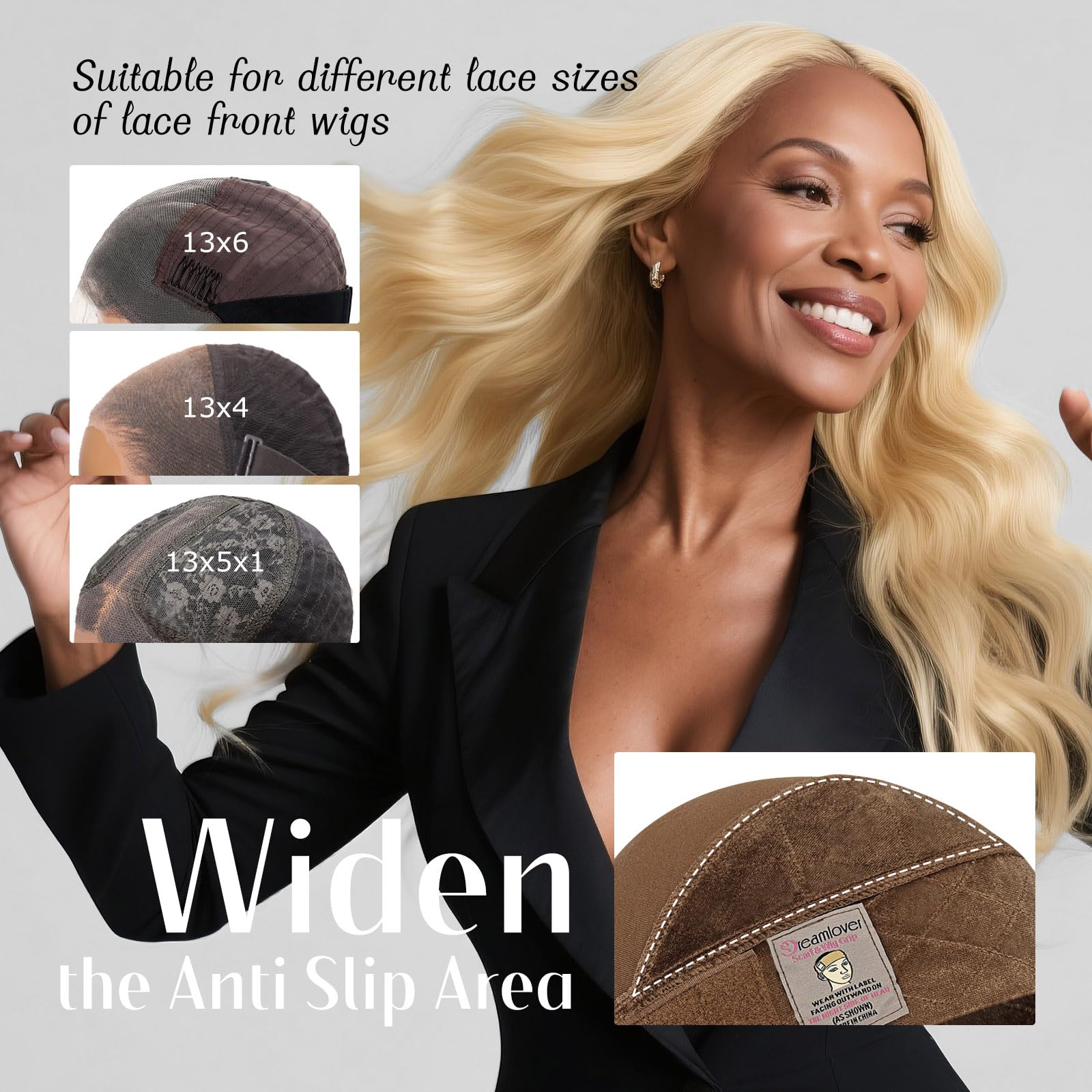 Dreamlover wide wig grip cap brown back view showing non slip band