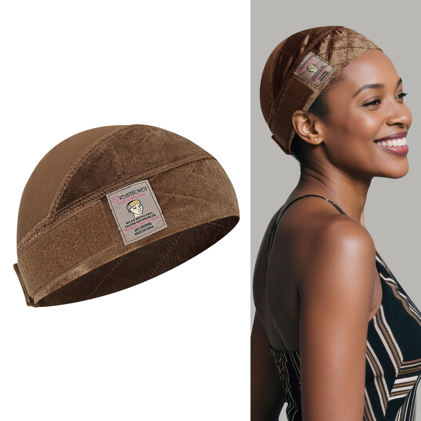 Dreamlover wide wig grip cap brown front view for secure lace front wigs
