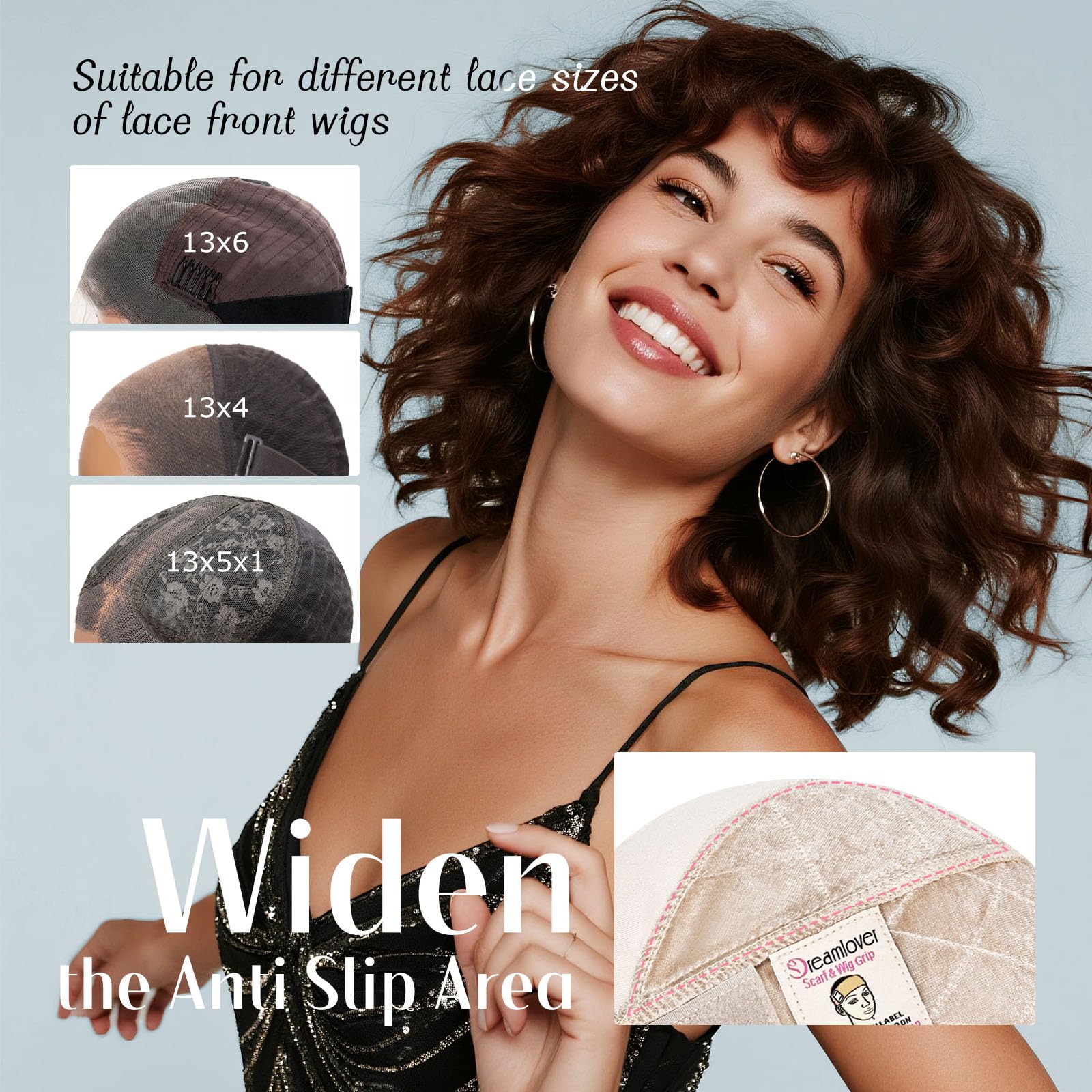 Dreamlover wig cap 2in1 design on head enables quick, secure styling.