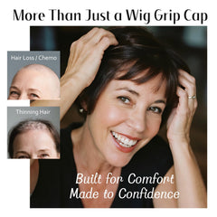 Dreamlover wig cap on nude head demonstrates comfortable, tape-free wear.