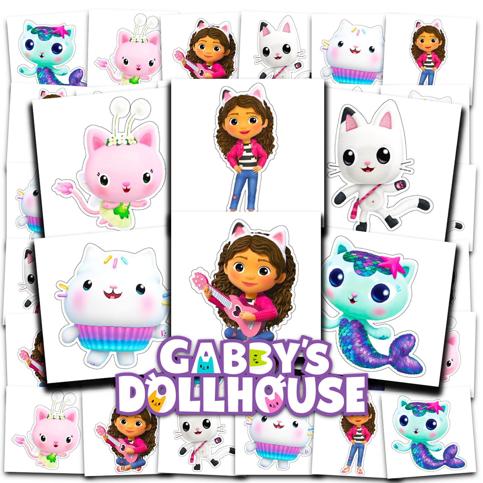Tatuajes DreamWorks Gabby's Dollhouse, diseño de personajes para fiestas infantiles.