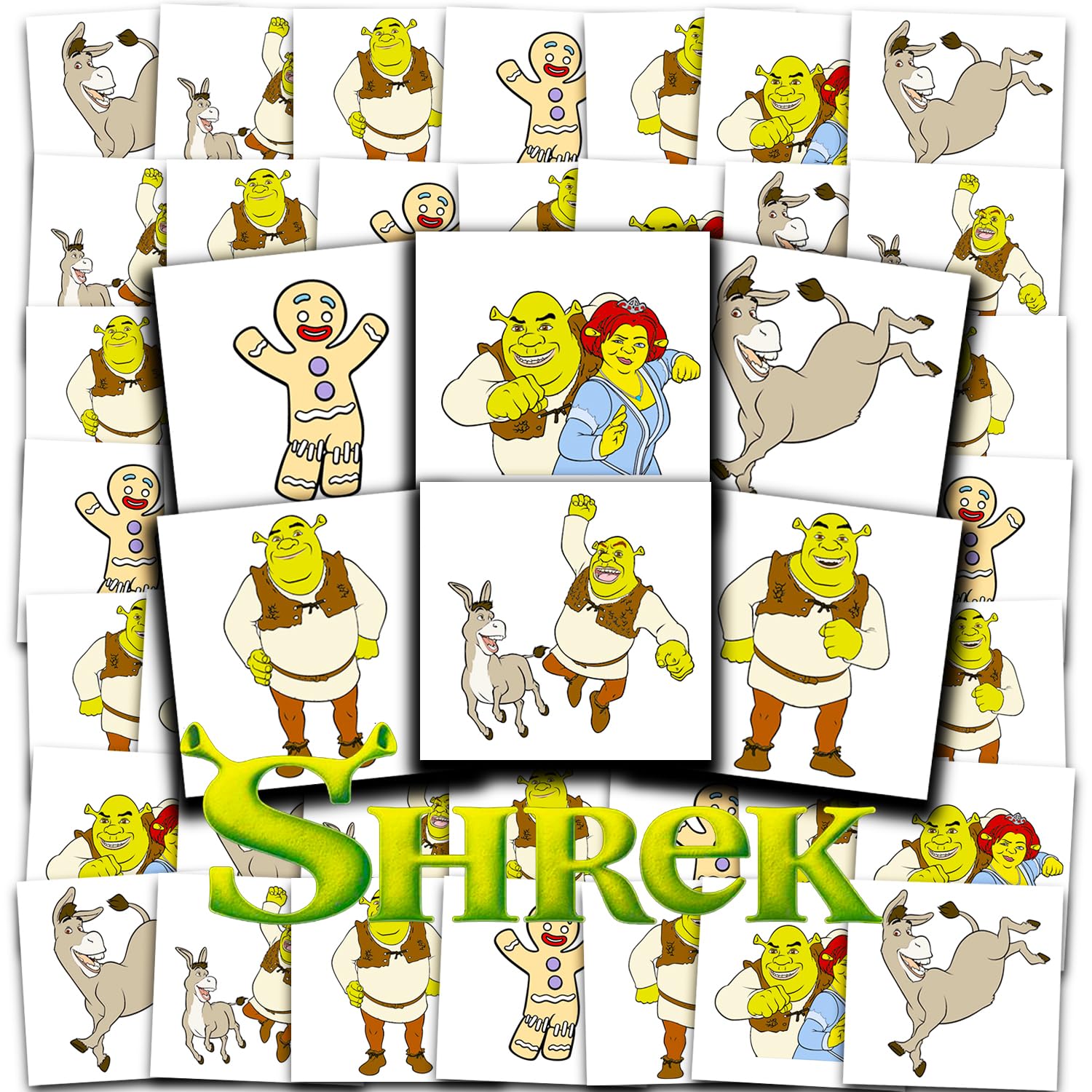 DreamWorks Shrek tattoos 72 perforated 2x2 designs for easy party favors.