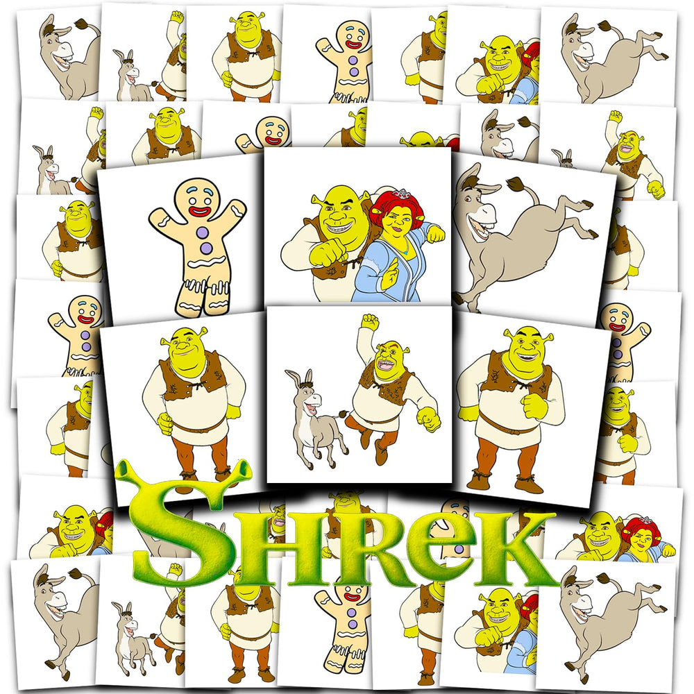 DreamWorks Shrek tattoos 72 perforated 2x2 designs for easy party favors.