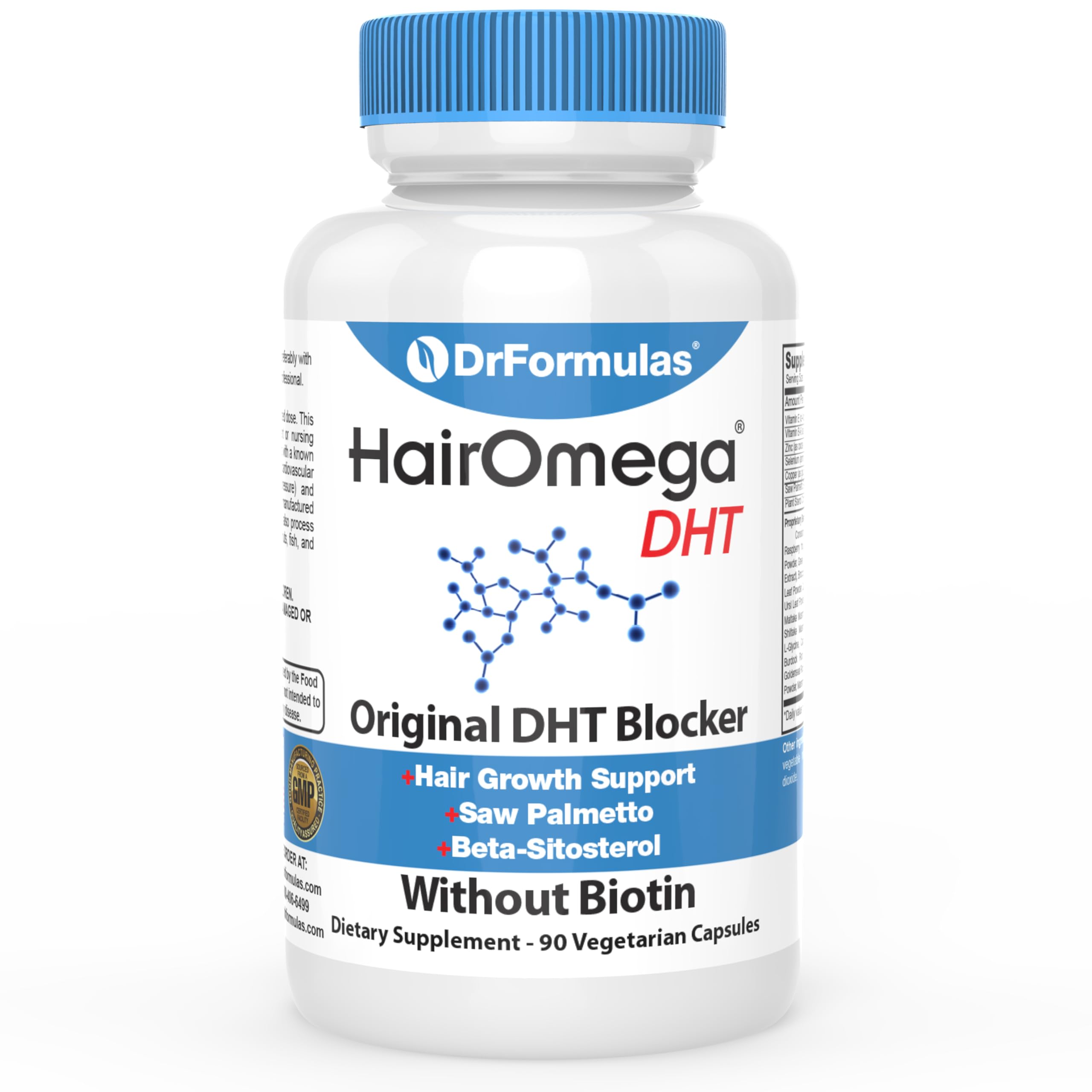 DrFormulas HairOmega bottle showing biotin-free DHT blocker for men and women