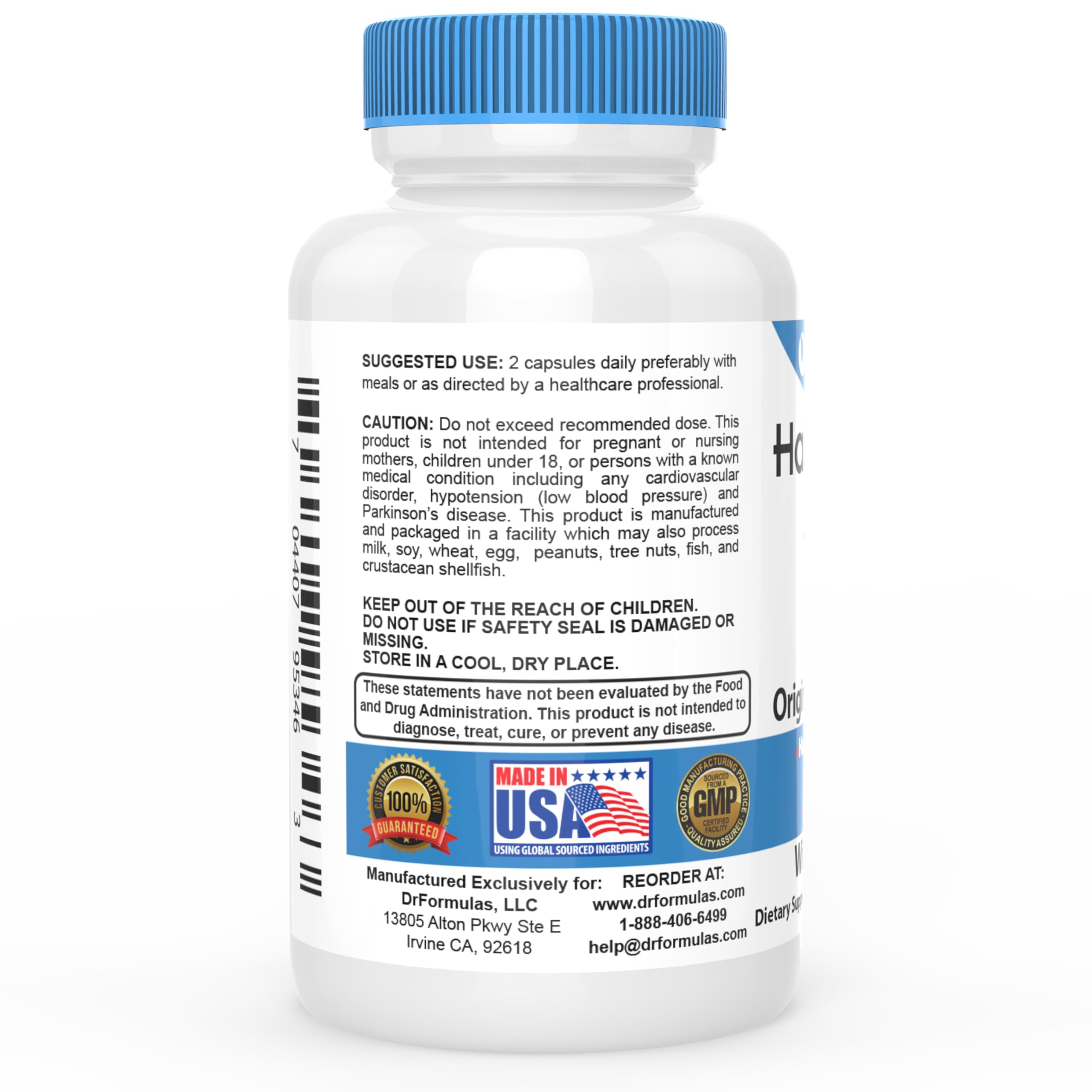 Close-up of HairOmega label highlighting 33-ingredient blend