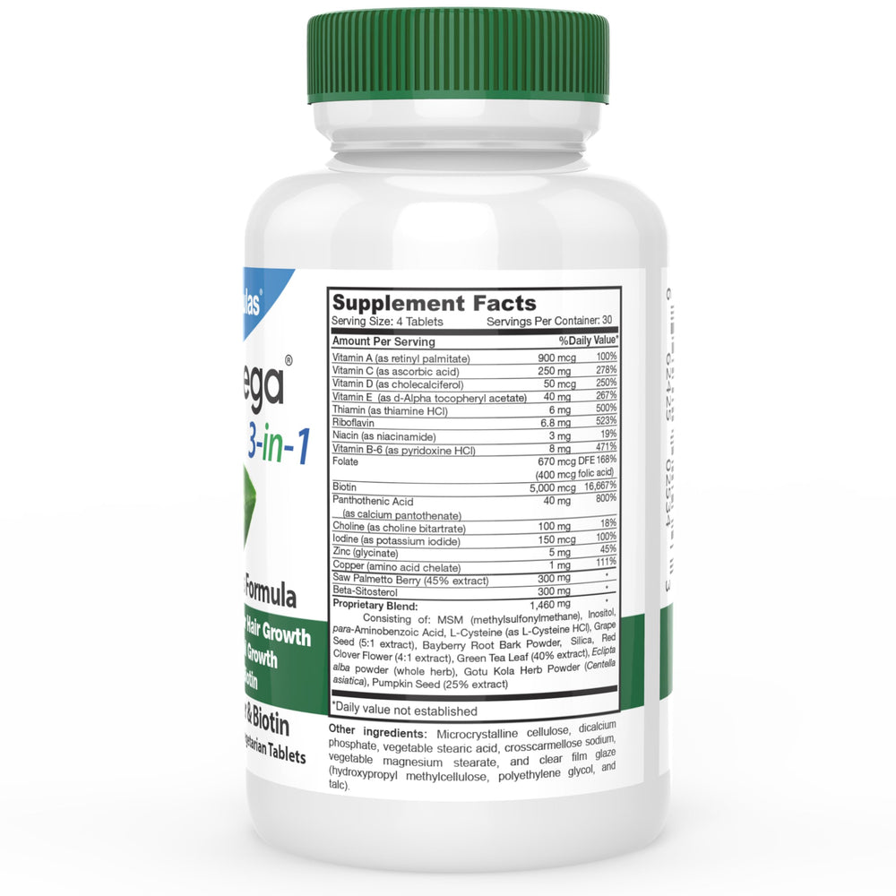 Close-up of HairOmega pills highlighting high-strength biotin