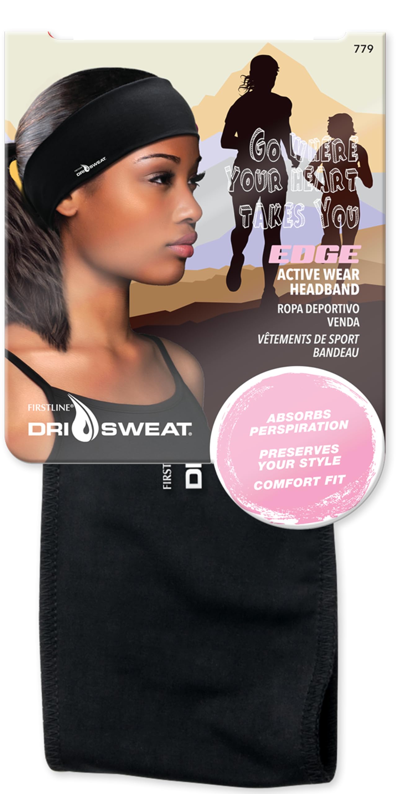 Dri Sweat Edge headband closeup showing moisture absorption and secure fit.