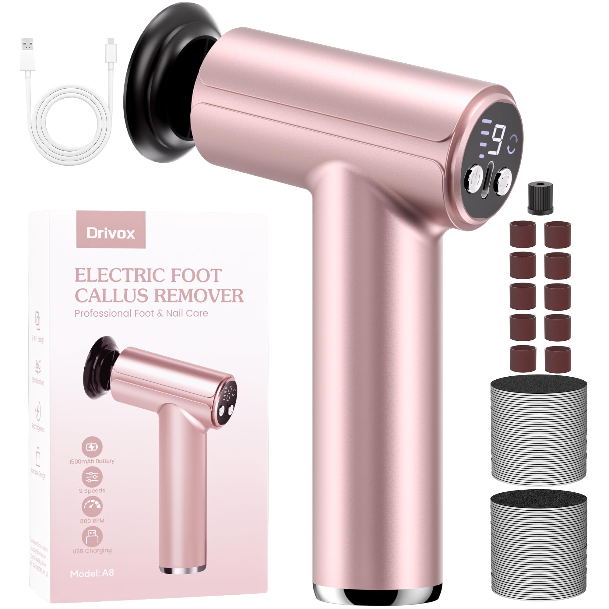 Drivox electric foot callus remover front view—compact for easy bathroom sessions.