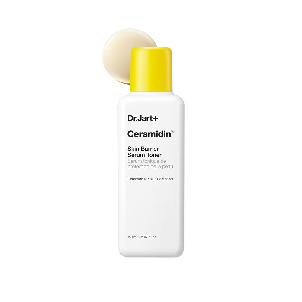 Dr.Jart+ Ceramidin bottle pour shows smooth, milky application with hydration support.