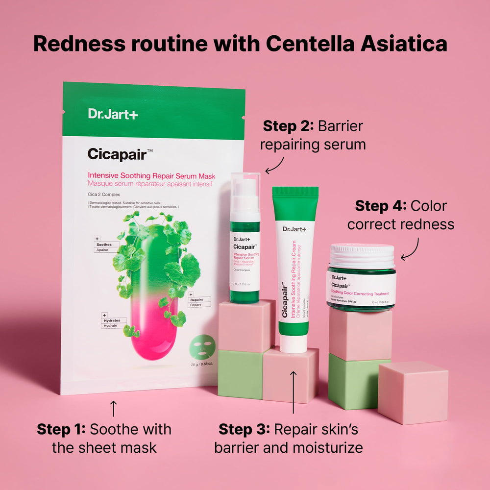 Dr.Jart+ Cicapair redness serum jar demonstrating instant calmness application.