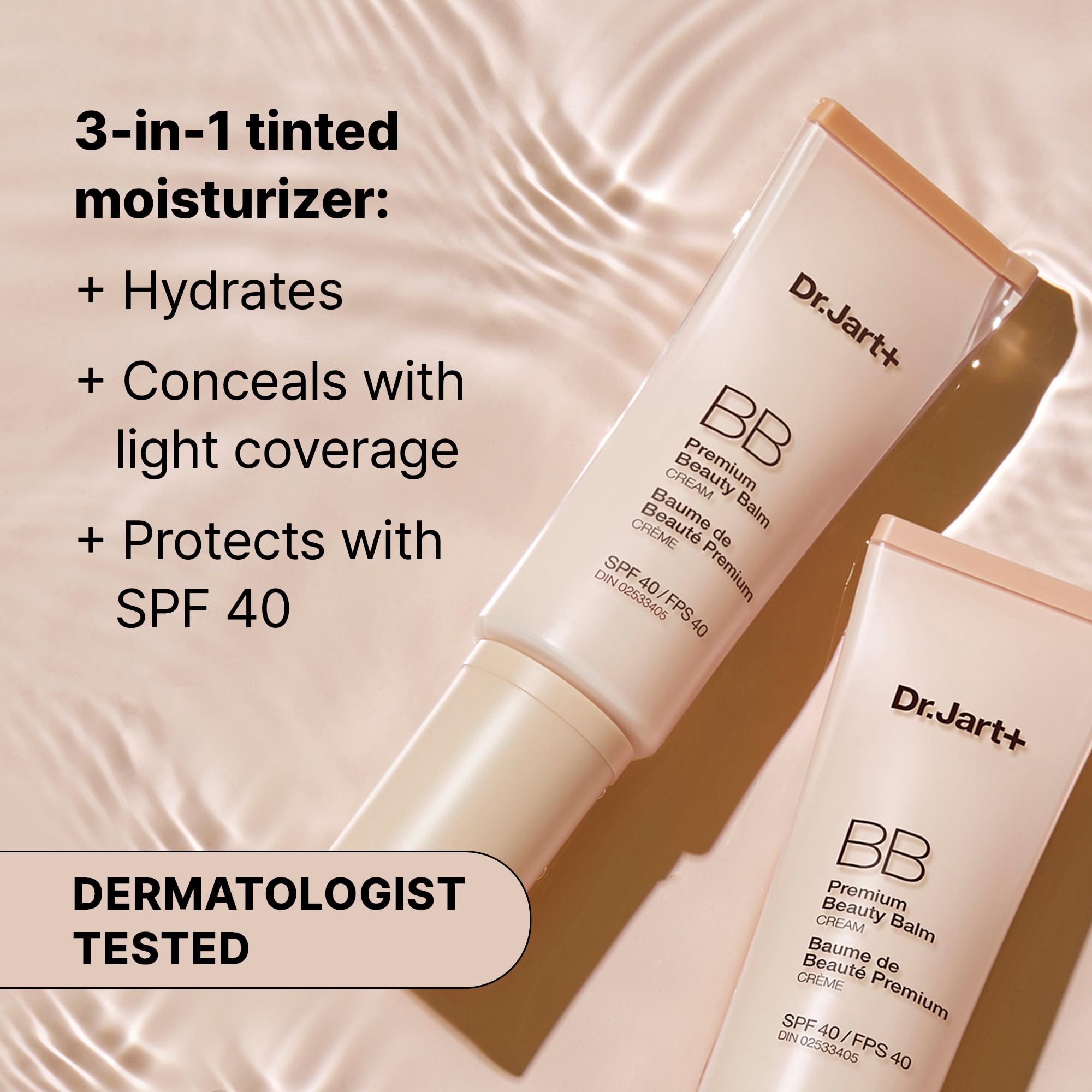 Dr.Jart+ Premium BB packaging close-up emphasizing simple skincare-makeup routine.