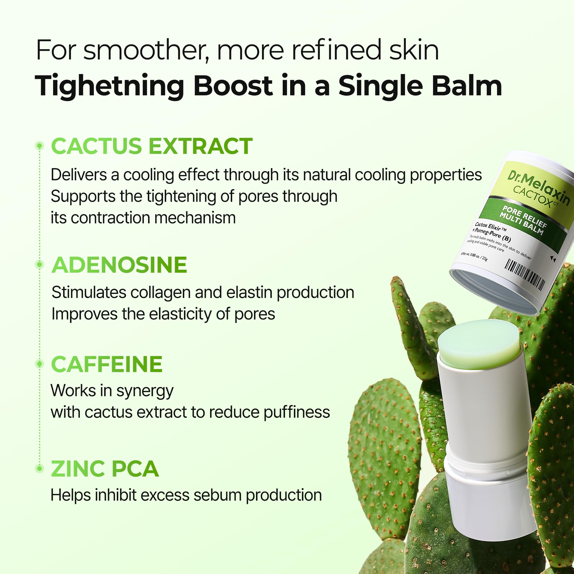 Dr.Melaxin Cactox Pore Relief illustrates collagen-elastin boost.