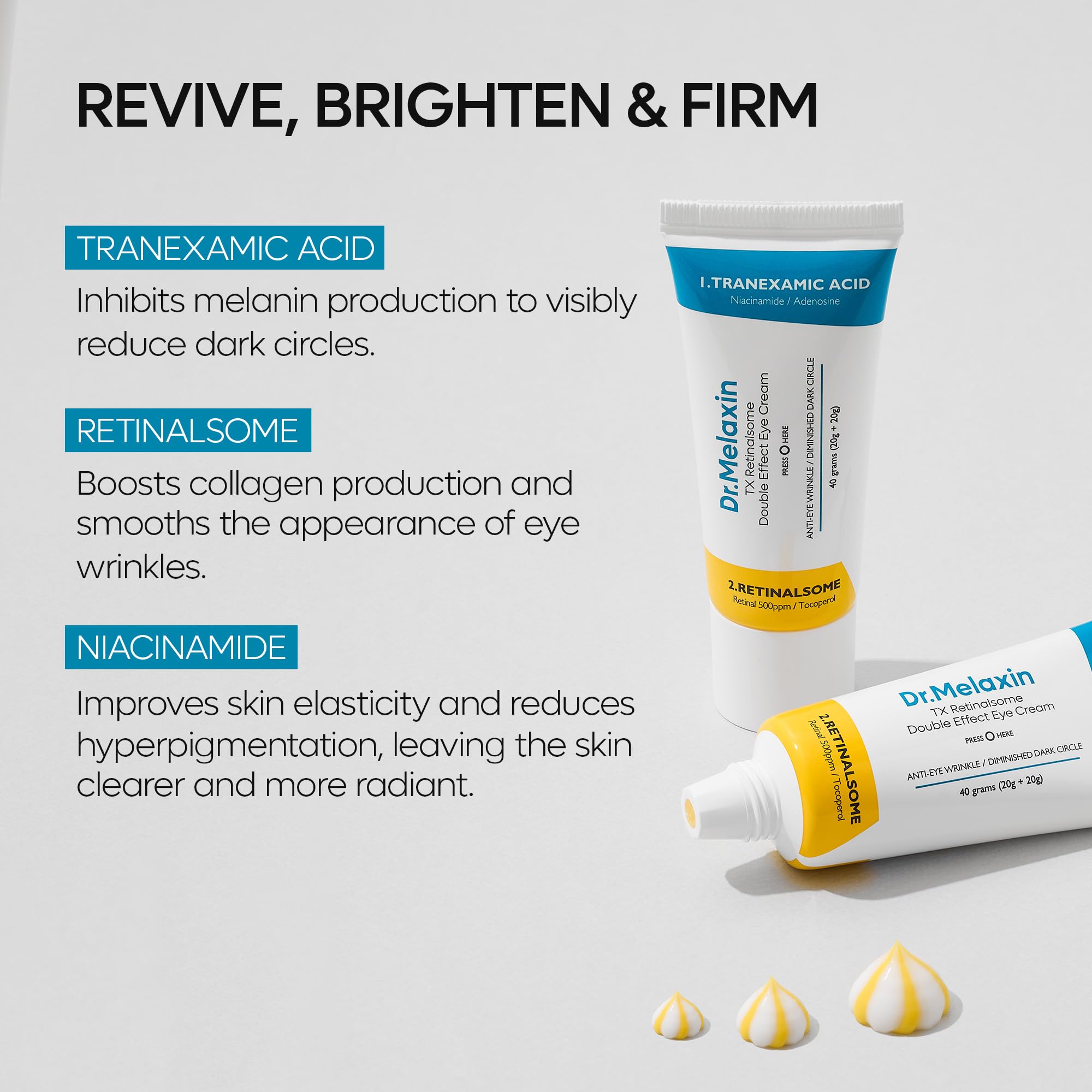 Dr.Melaxin TX ingredients Adenosine and Niacinamide for under-eye care.