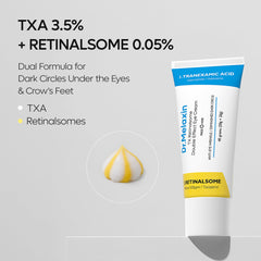 Dr.Melaxin TX bottle close-up highlighting dual-action formula for under-eye care.