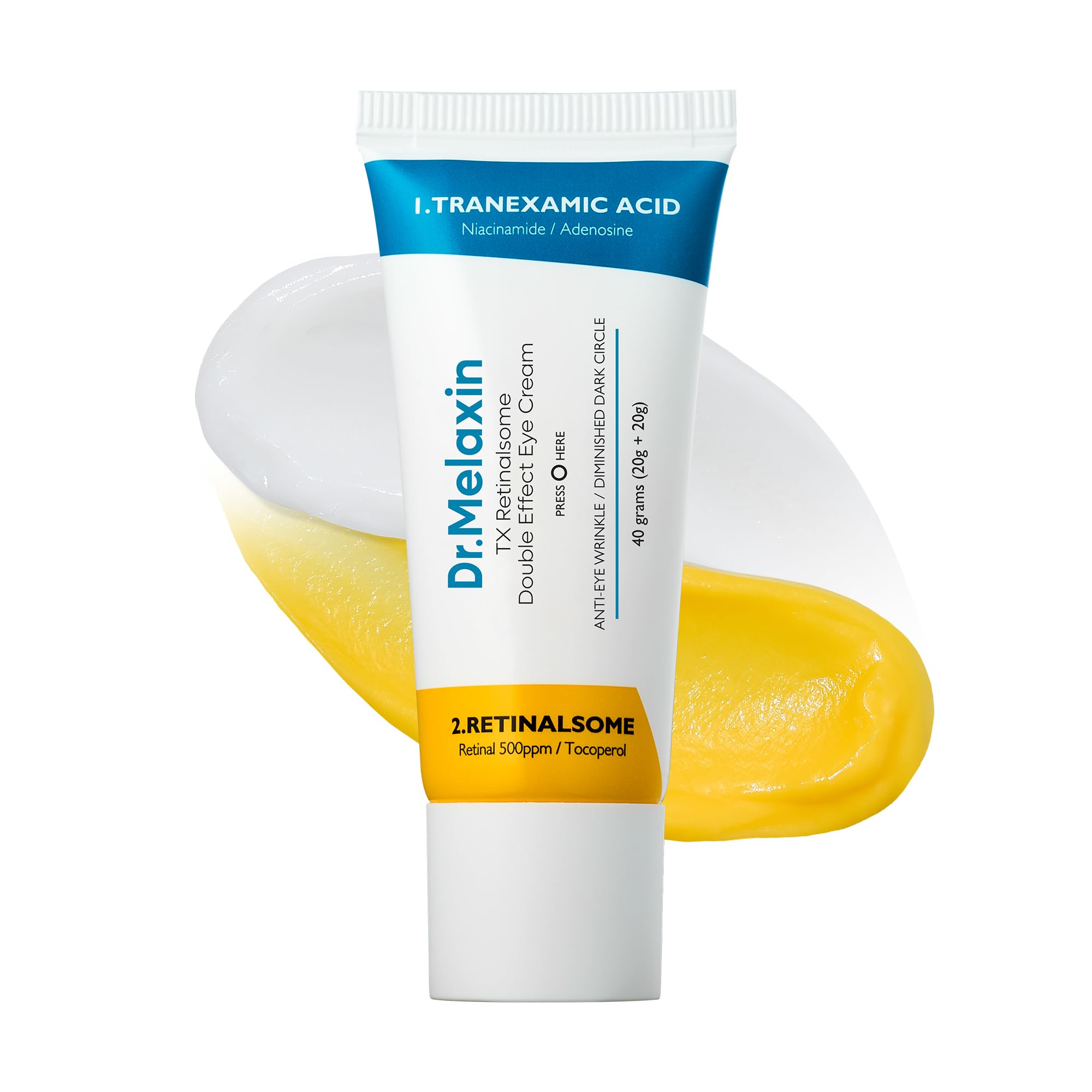 Dr.Melaxin TX eye cream packaging showing dual formula with easy dispense.