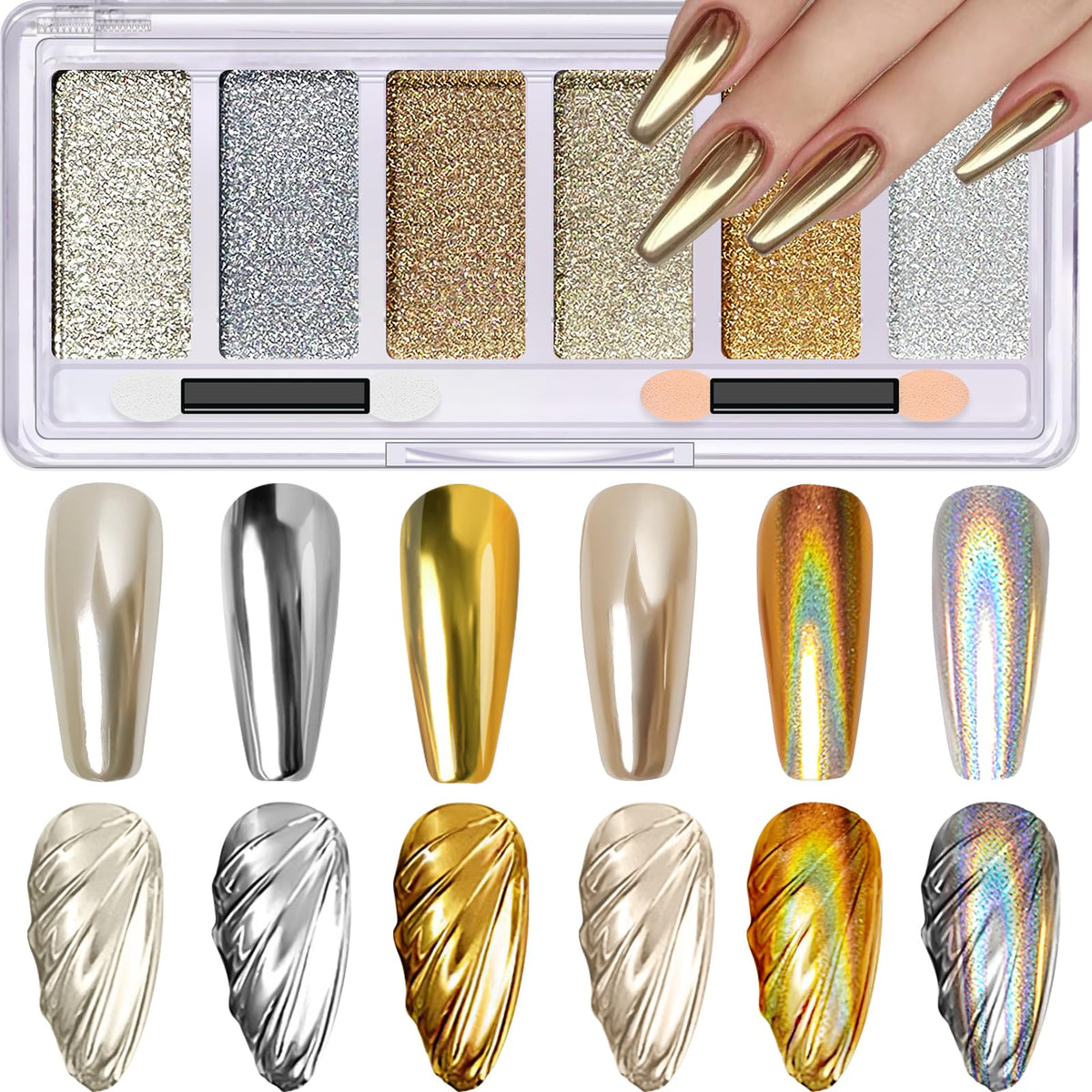 DRMODE Gold Silver Chrome Powder palette showcases six colors for salon-quality nail art