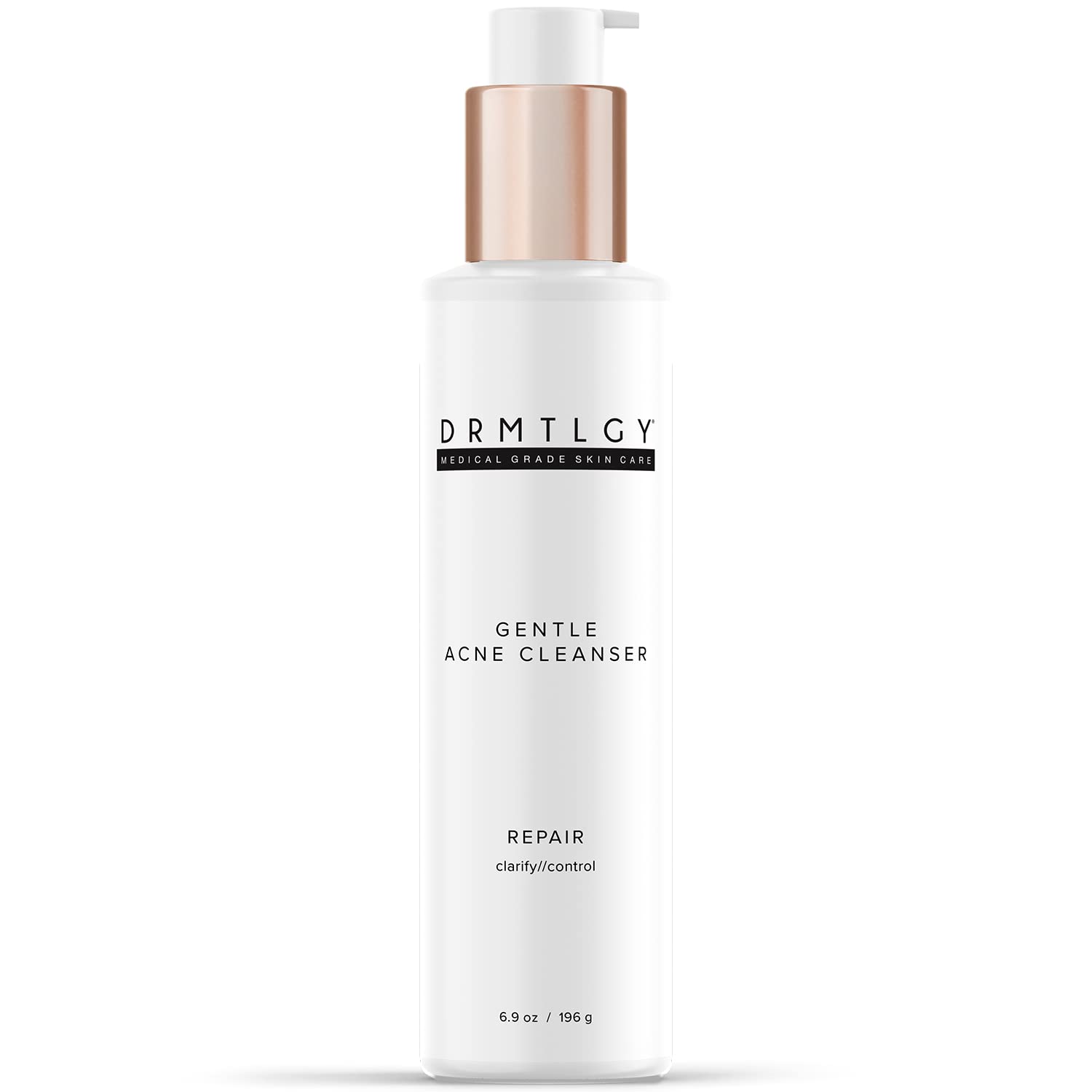 DRMTLGY Acne Cleanser bottle demonstrates an oil-free formula for clearer skin.
