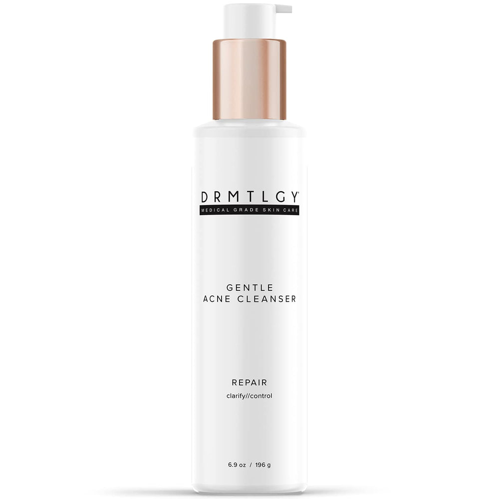 DRMTLGY Acne Cleanser bottle demonstrates an oil-free formula for clearer skin.