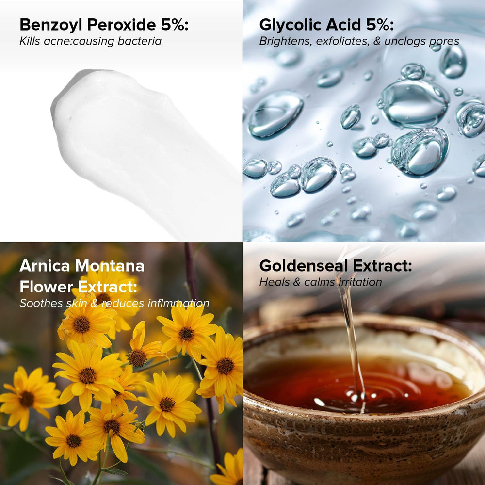 DRMTLGY packaging highlights glycolic acid and benzoyl peroxide for clearer pores.