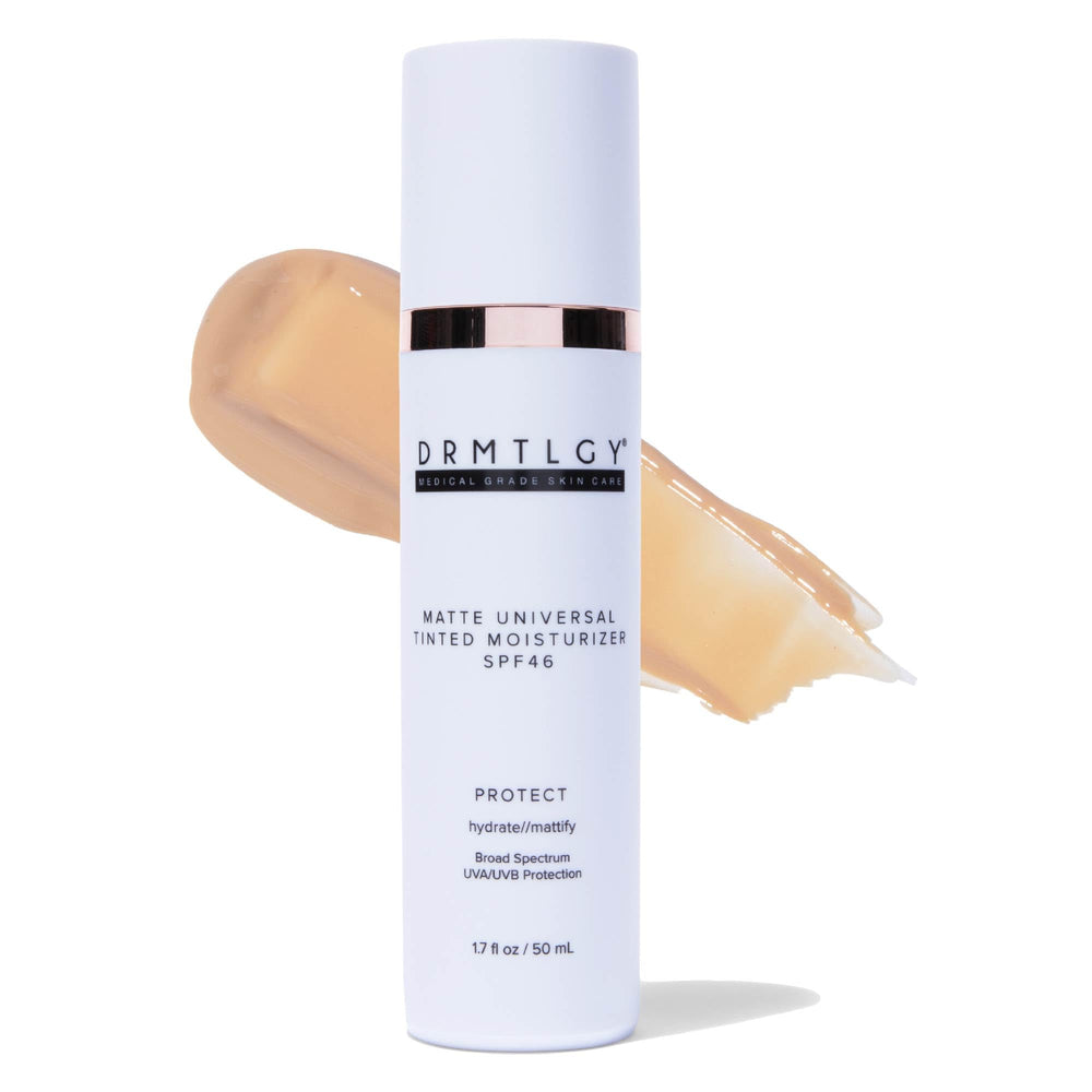 DRMTLGY Matte Universal Tinted Moisturizer SPF 46 bottle demonstrates natural coverage.