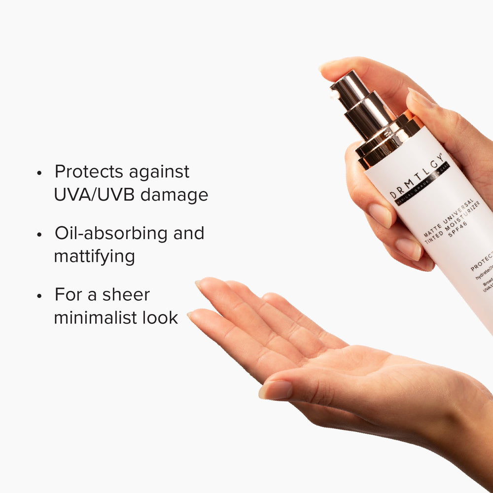 DRMTLGY tinted moisturizer texture closeup highlights lightweight feel on skin.
