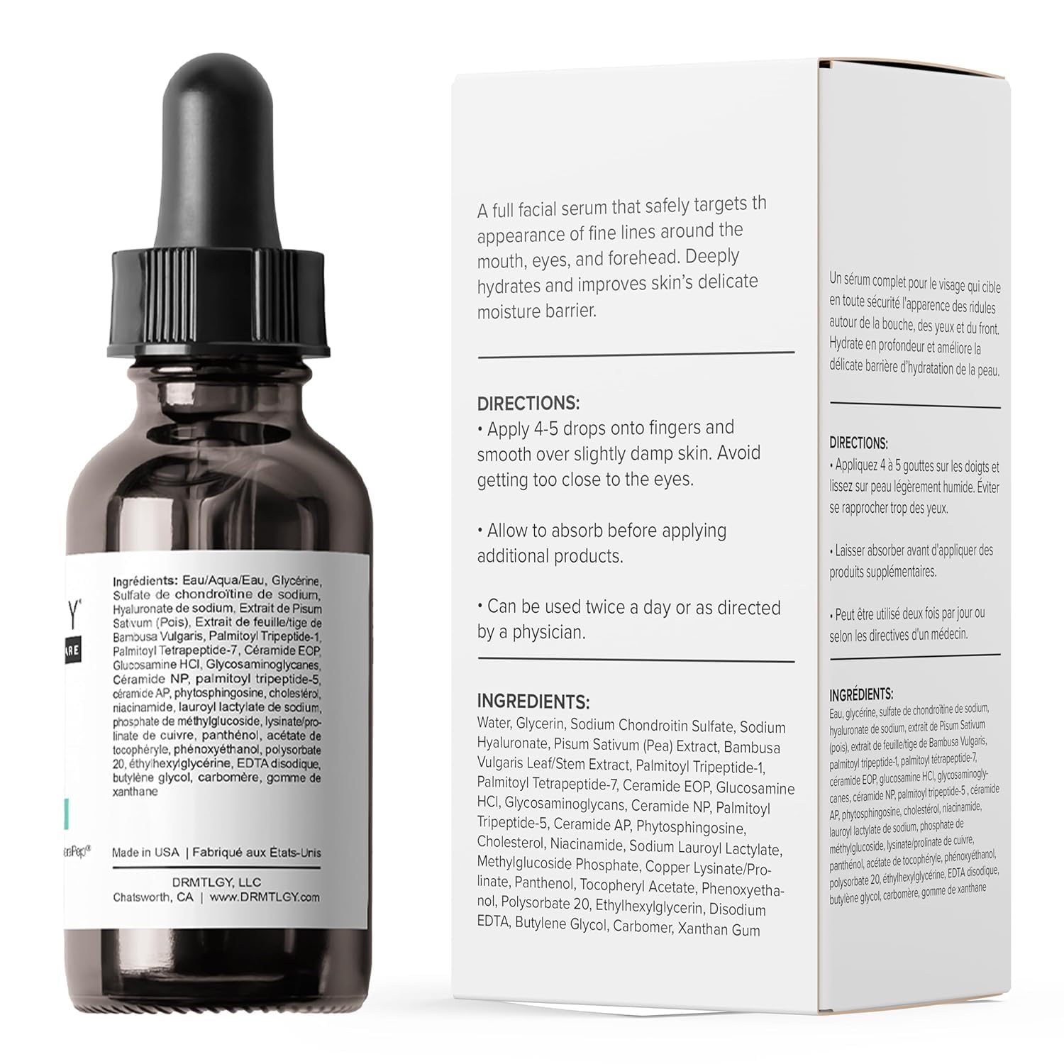 DRMTLGY Needle-less Serum bottle label highlights premium skincare science