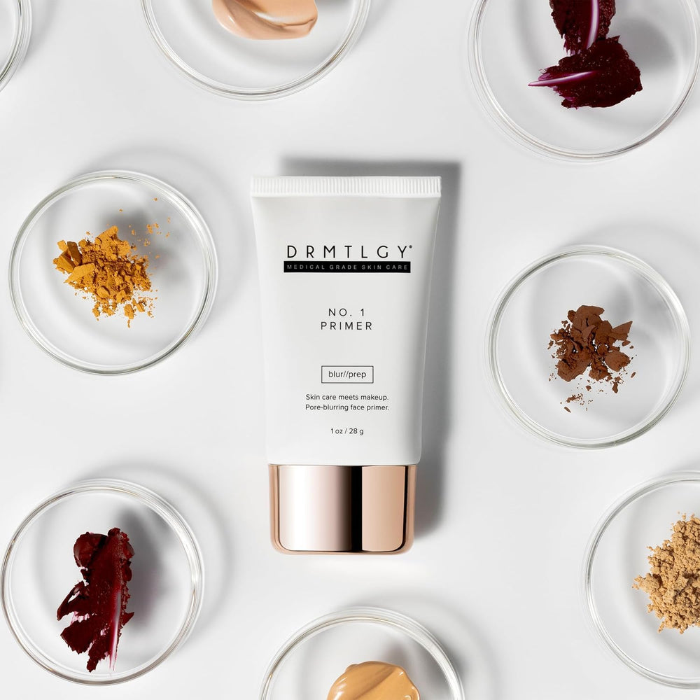 DRMTLGY No.1 primer application swatch demonstrates even skin tone.
