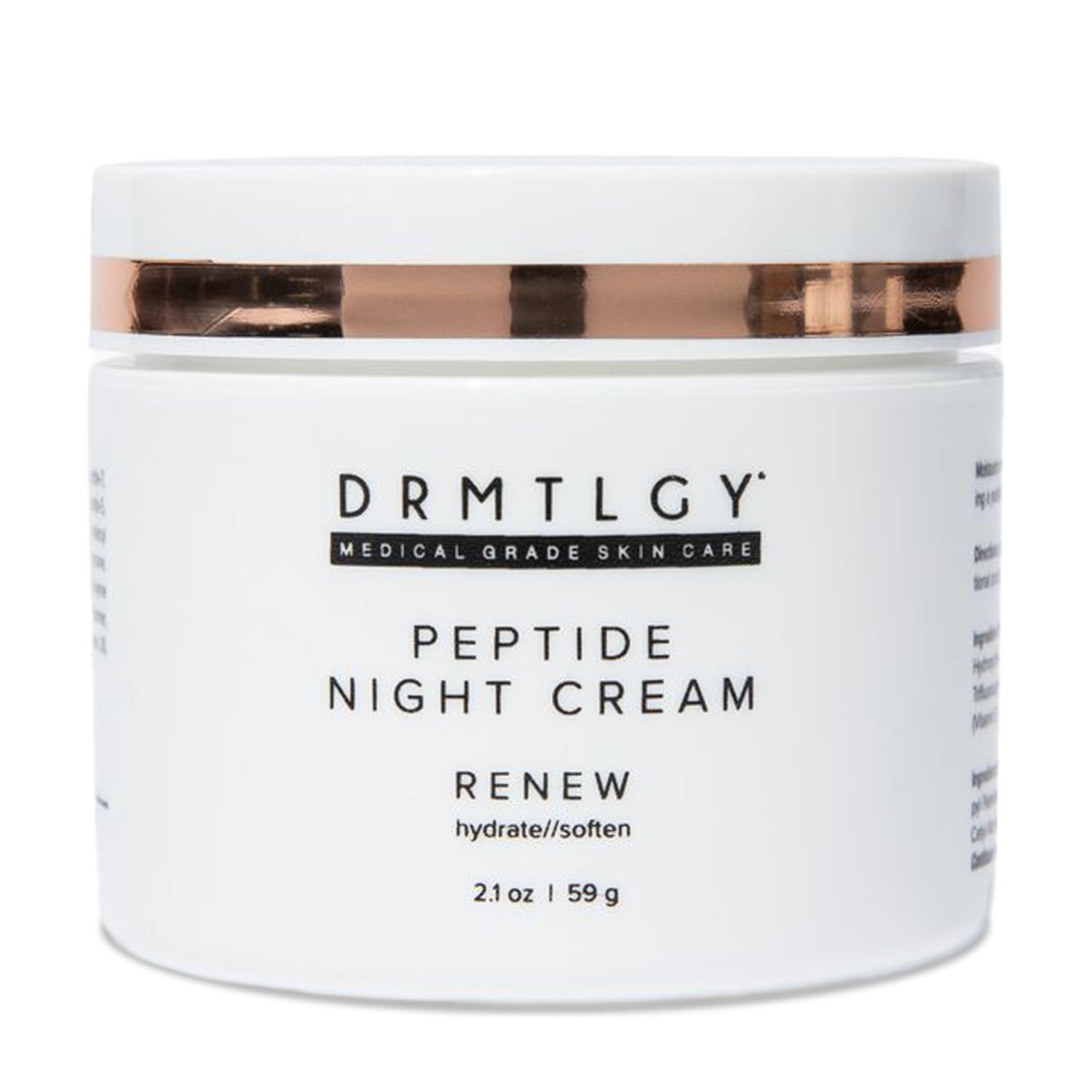 DRMTLGY Peptide Night Cream bottle front view highlighting hydration for all skin types.