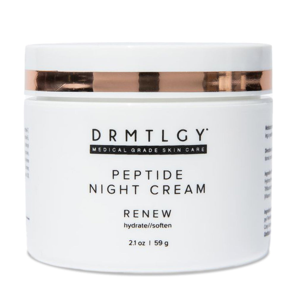 DRMTLGY Peptide Night Cream bottle front view highlighting hydration for all skin types.