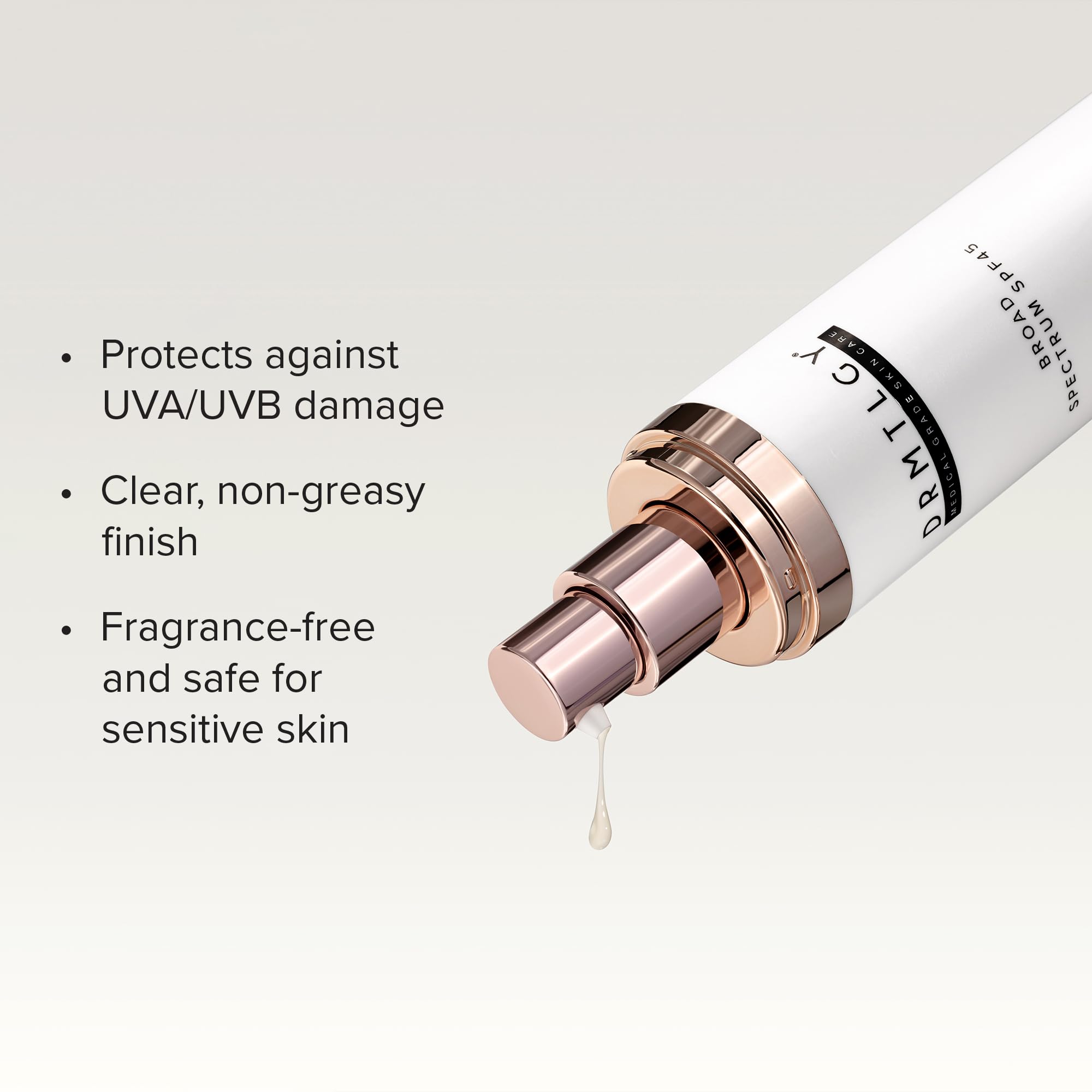 DRMTLGY SmrtSun SPF 45 bottle side label highlights non-greasy finish.