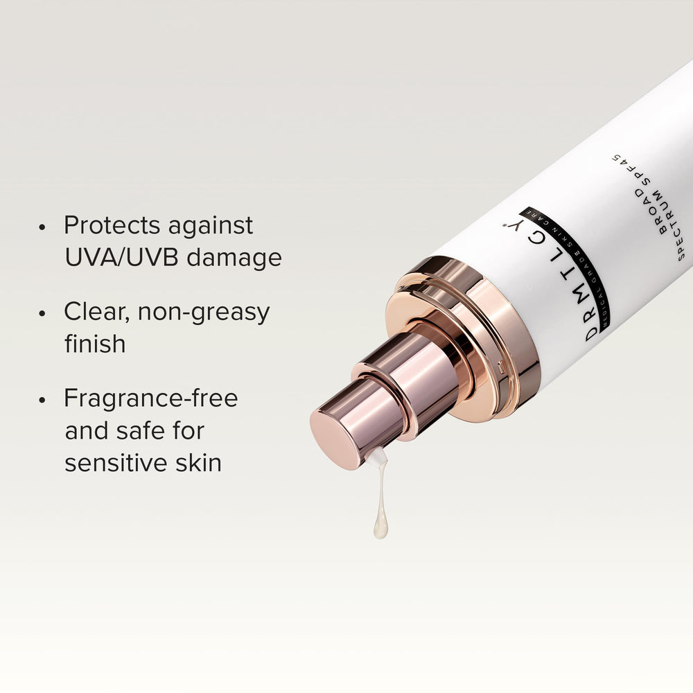 DRMTLGY SmrtSun SPF 45 bottle side label highlights non-greasy finish.