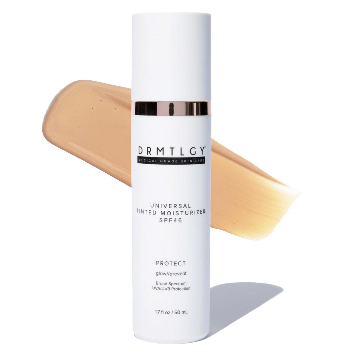 DRMTLGY Universal Tinted Moisturizer SPF 46 bottle shows dewy finish for daily wear