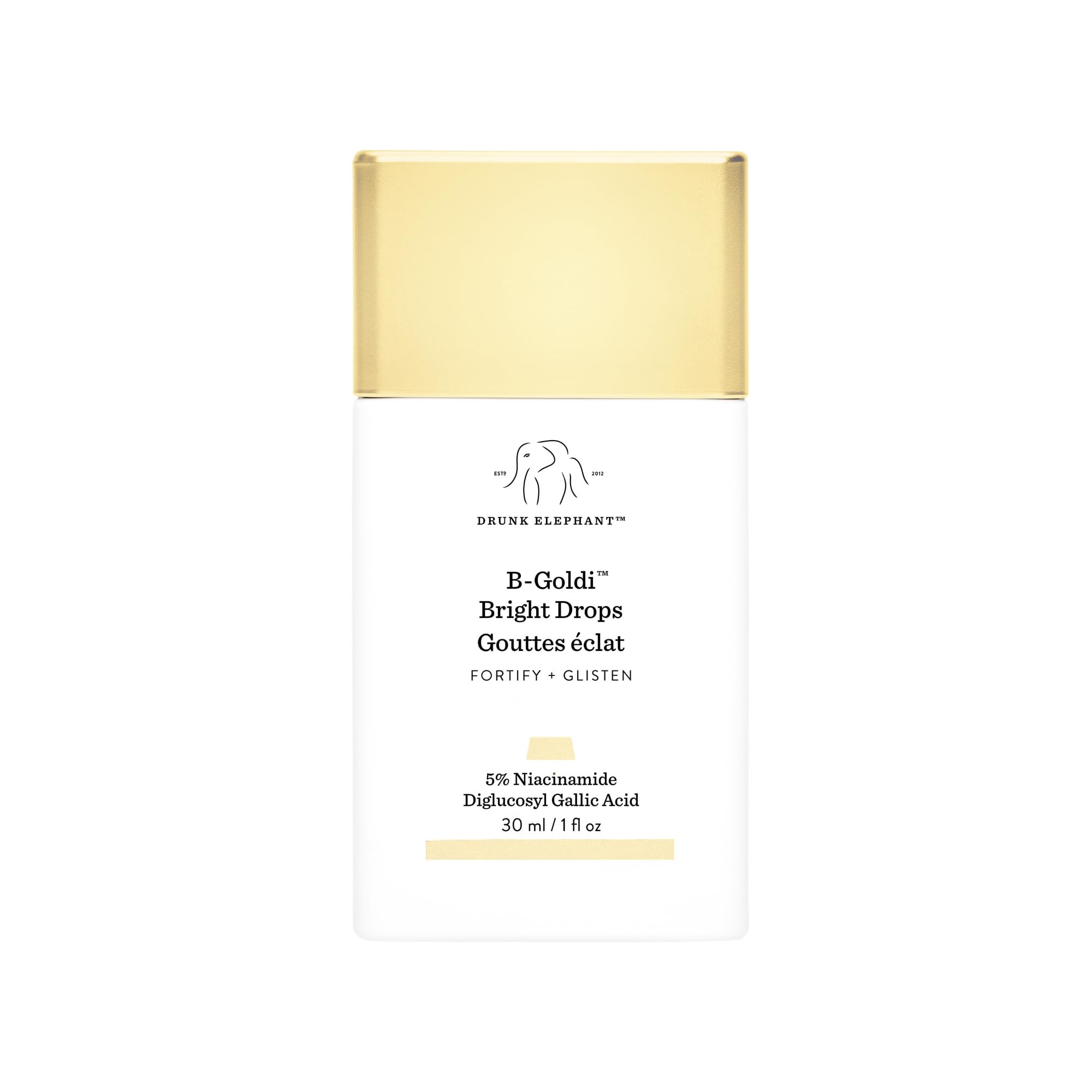 Drunk Elephant B-Goldi Bright Drops bottle-pour reveals a luminous golden finish for even tone.
