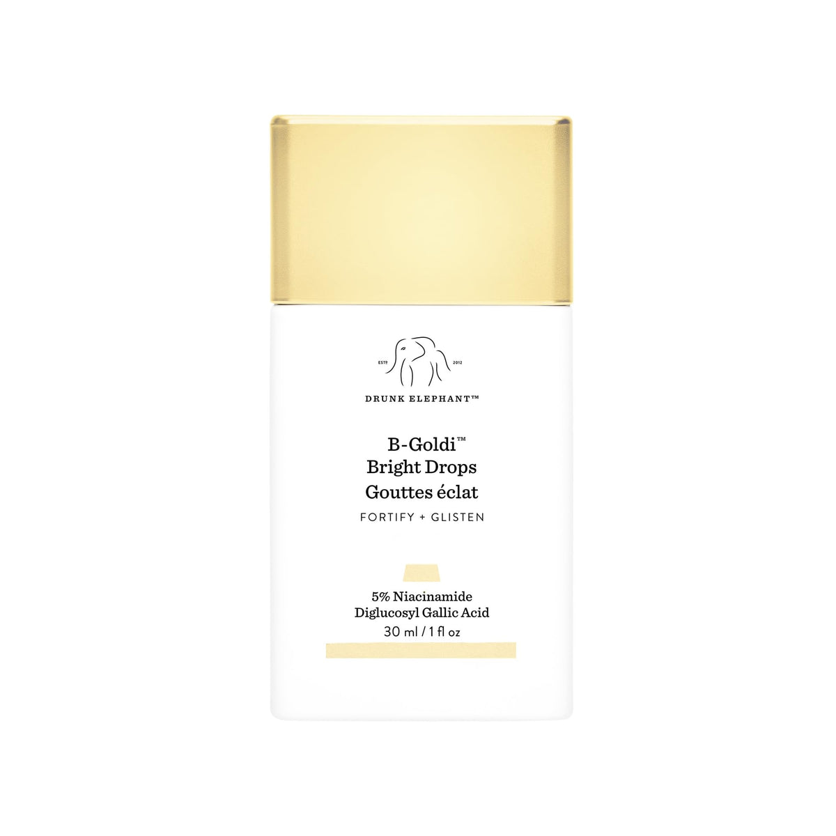 Drunk Elephant B-Goldi Bright Drops bottle-pour reveals a luminous golden finish for even tone.