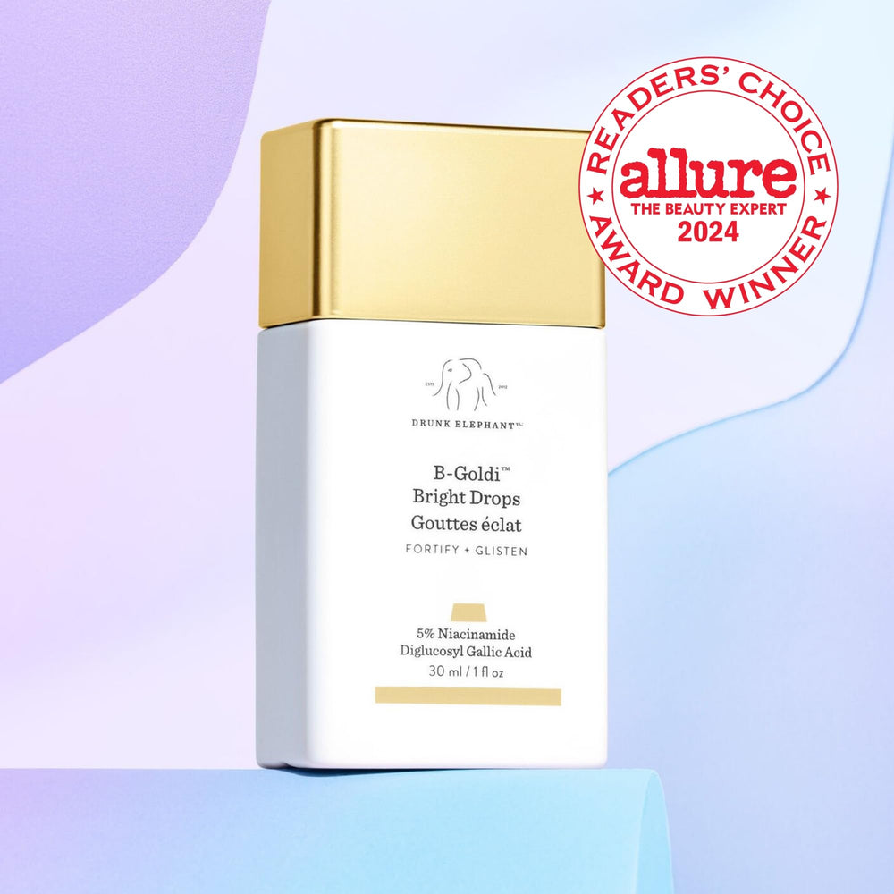Drunk Elephant B-Goldi Bright Drops dispense-pump shows a smooth serum texture for color boost.