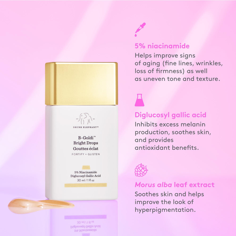 Drunk Elephant B-Goldi Bright Drops packaging close-up emphasizes clean, fragrance-free design.