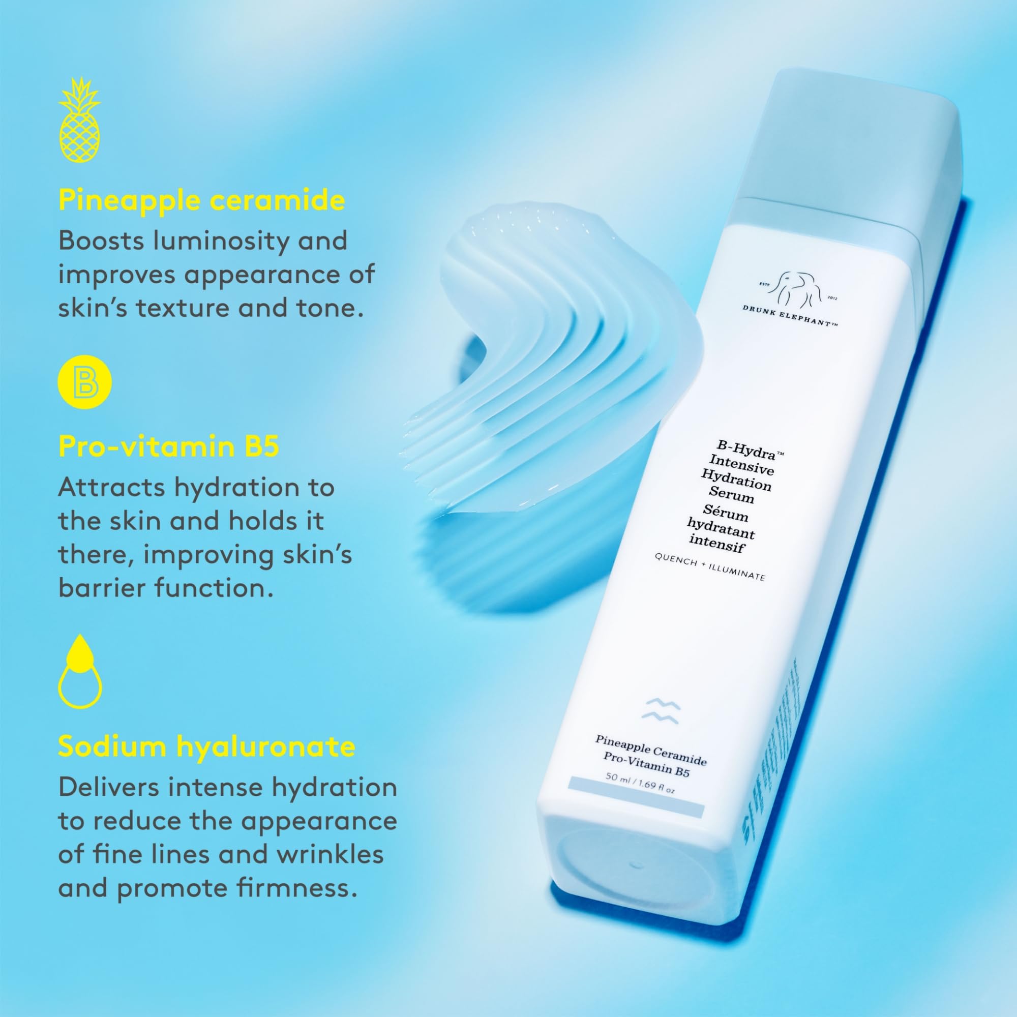 Drunk Elephant B-Hydra serum on the face for a radiant look.