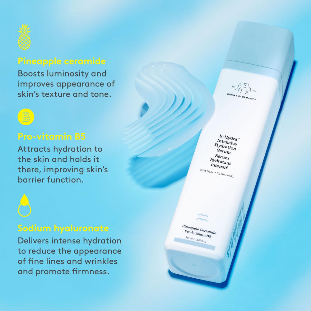 Drunk Elephant B-Hydra serum on the face for a radiant look.
