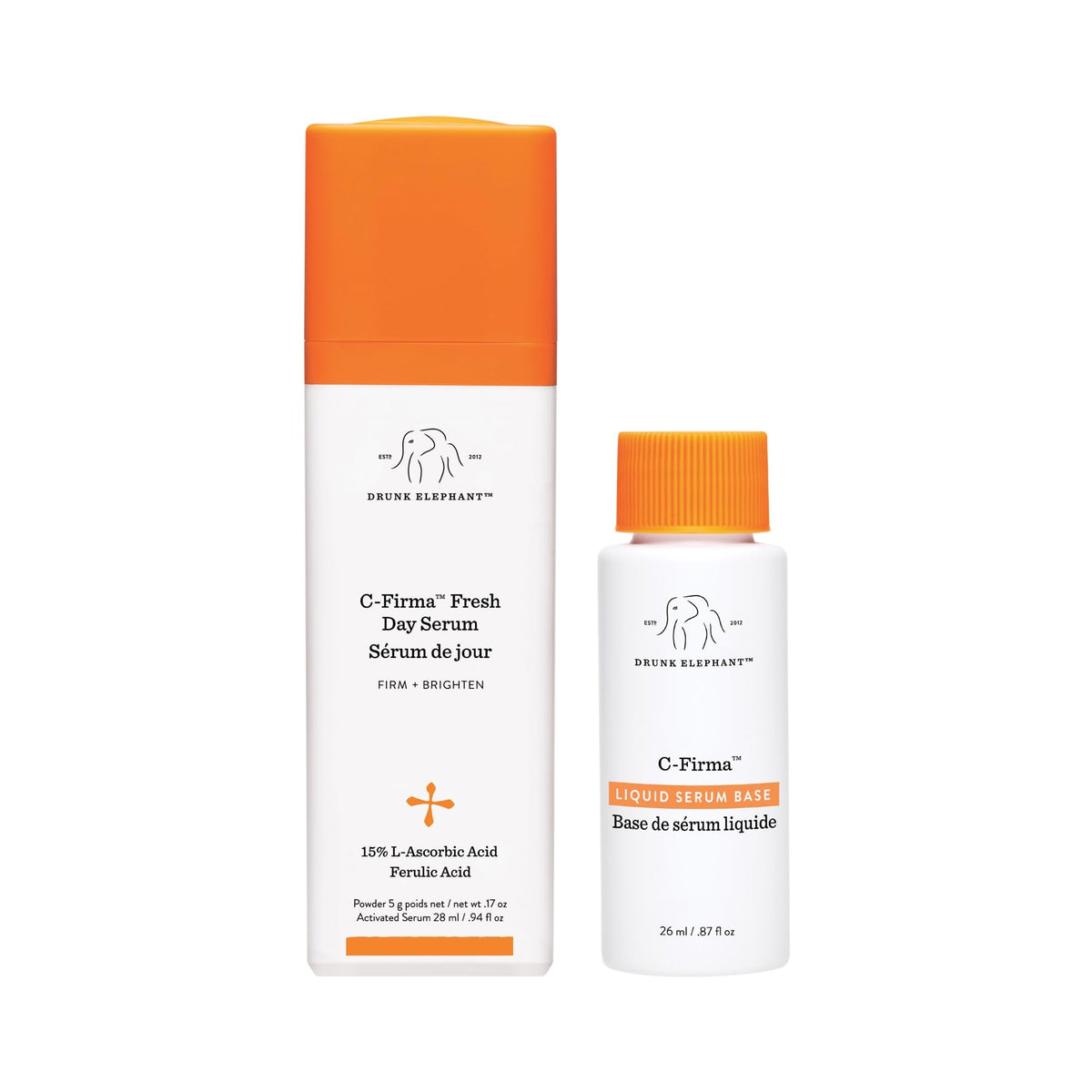 Drunk Elephant C-Firma bottle front shows potent serum for radiant skin