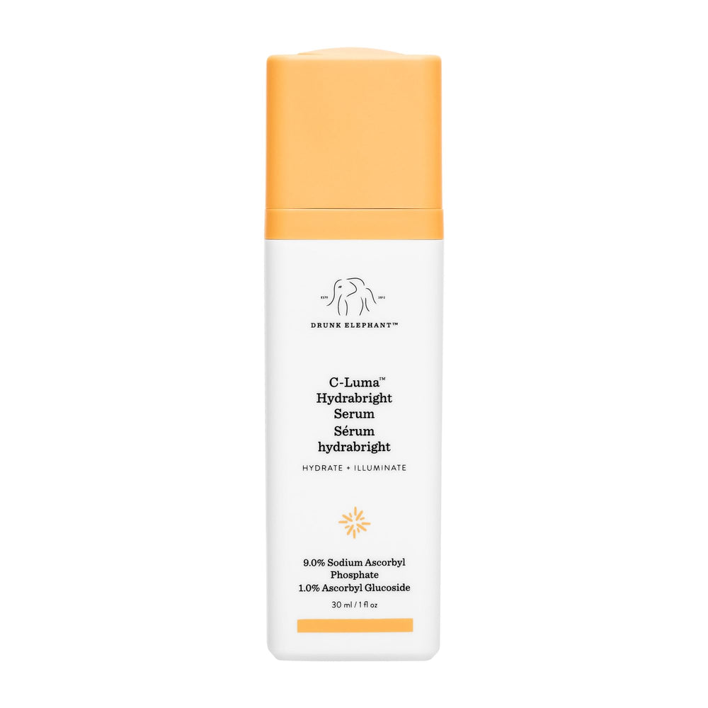 Drunk Elephant C-Luma Hydrabright Serum bottle shows radiant vitamin C glow