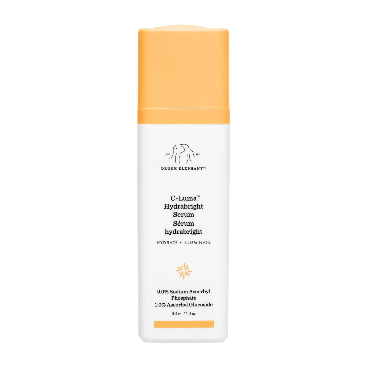 Drunk Elephant C-Luma Hydrabright Serum bottle shows radiant vitamin C glow
