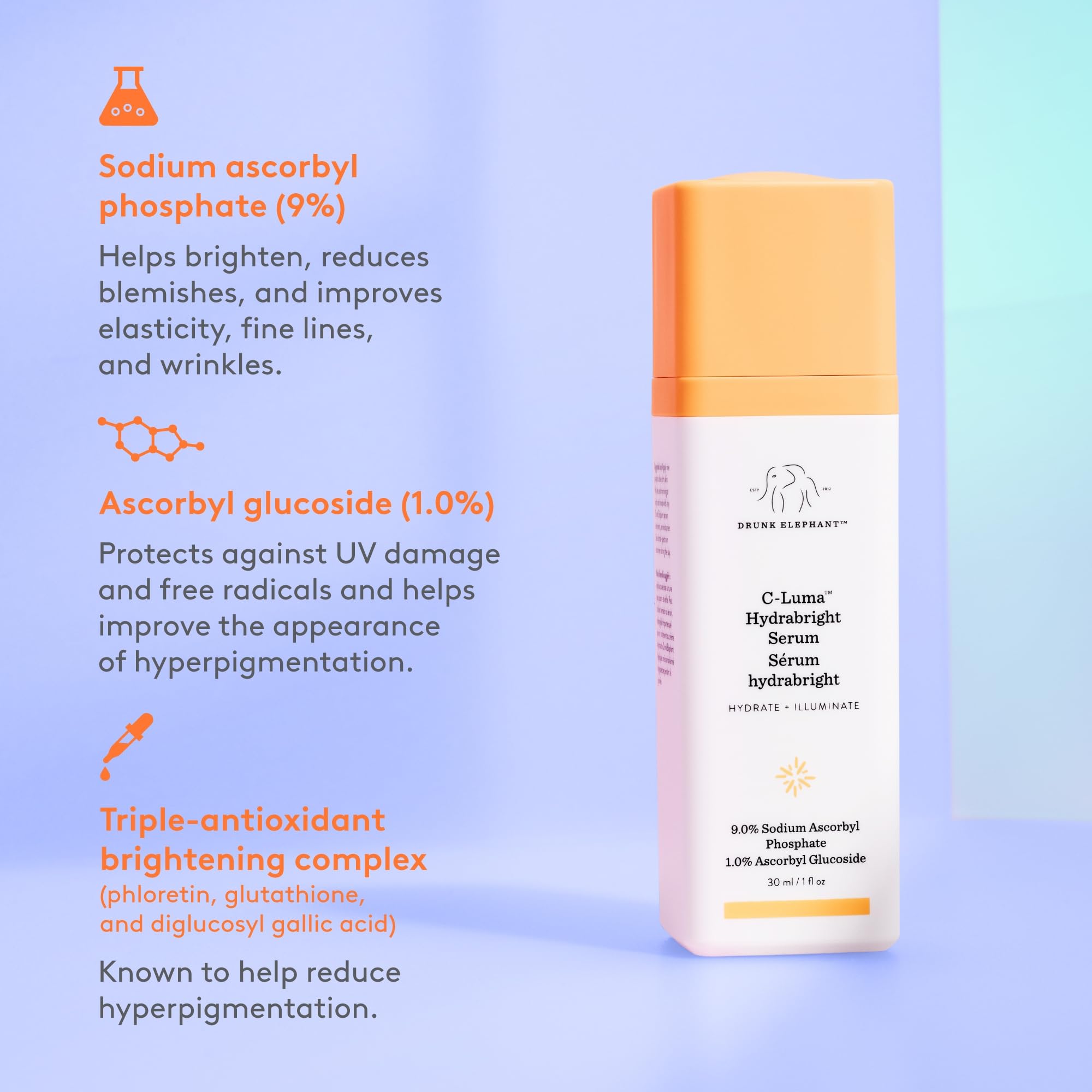 Drunk Elephant C-Luma Hydrabright Serum close-up showing light-reflecting finish