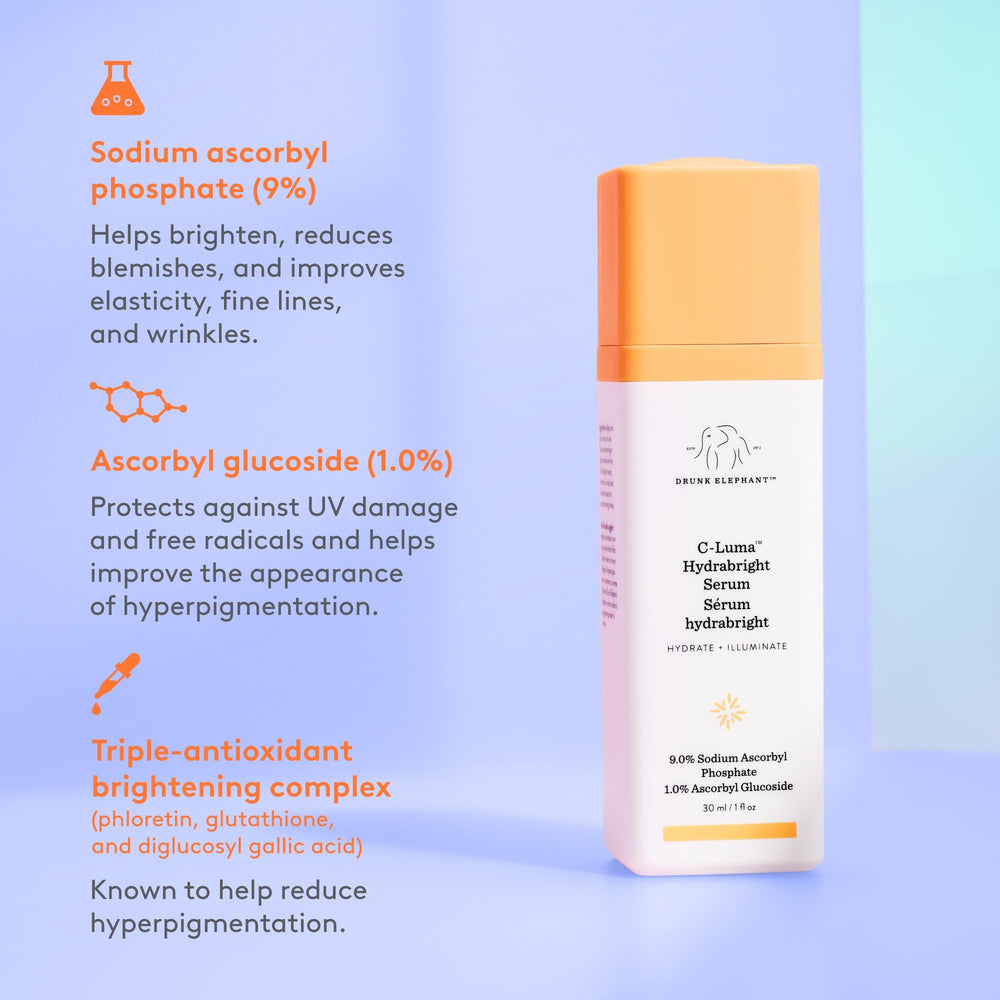 Drunk Elephant C-Luma Hydrabright Serum close-up showing light-reflecting finish