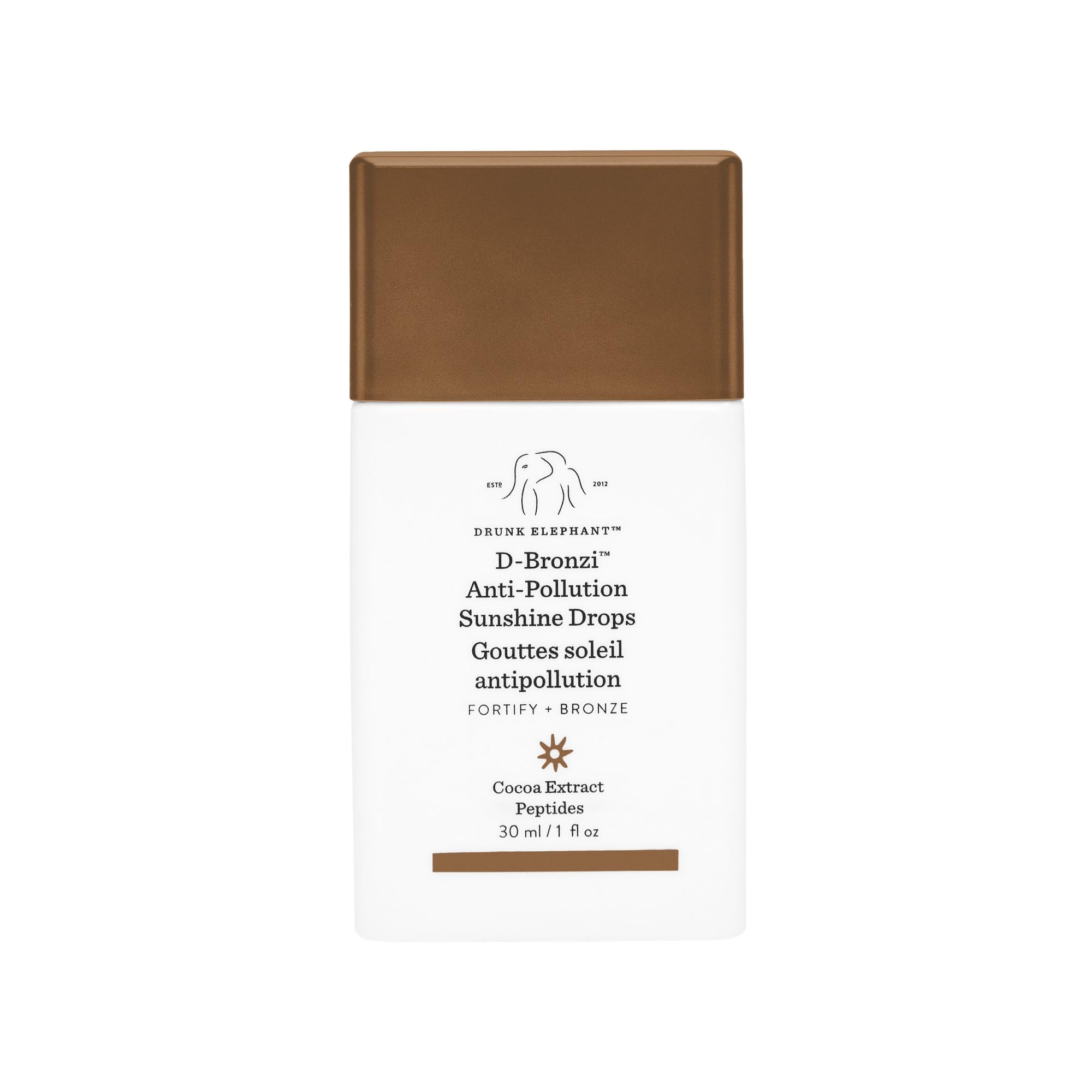 Drunk Elephant D-Bronzi Sunshine Drops bottle showing a bronze glow for sun-kissed complexion