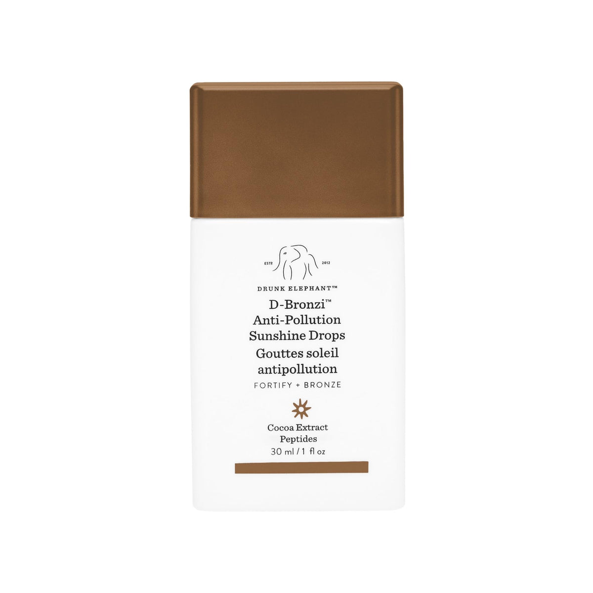 Drunk Elephant D-Bronzi Sunshine Drops bottle showing a bronze glow for sun-kissed complexion